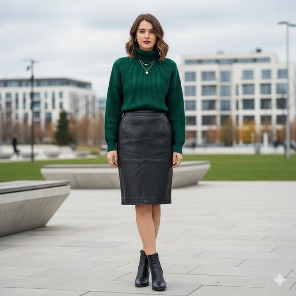 Vintage Genuine Leather Skirt • Black • Size 12 • Lined • Pencil / Midi 23” Long - Picture 1 of 13